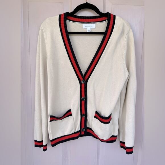 PopSugar Cream V-Neck Varsity Cardigan with Red & Black Trim | Size M - Picture 1 of 5